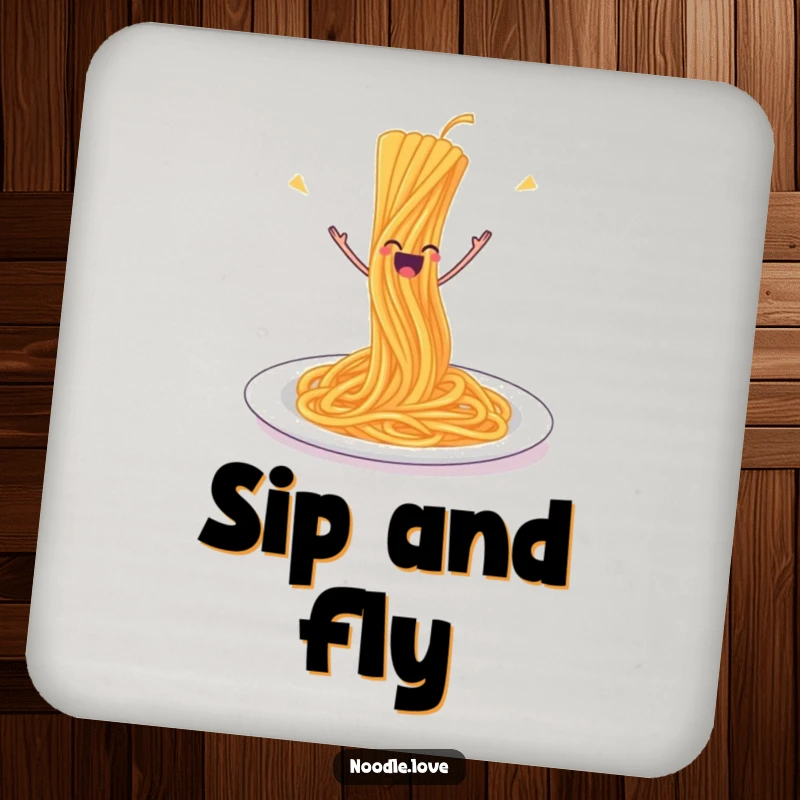 Funny Spaghetti Coaster: A joyful strand of spaghetti leaping off its plate, humorously protecting your table.
