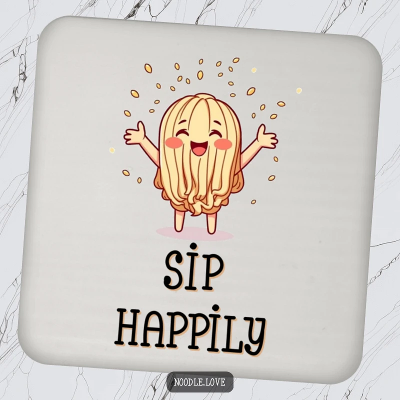 Funny drink coaster showcasing a happy noodle character showering sesame seeds like confetti, protecting surfaces with humor.