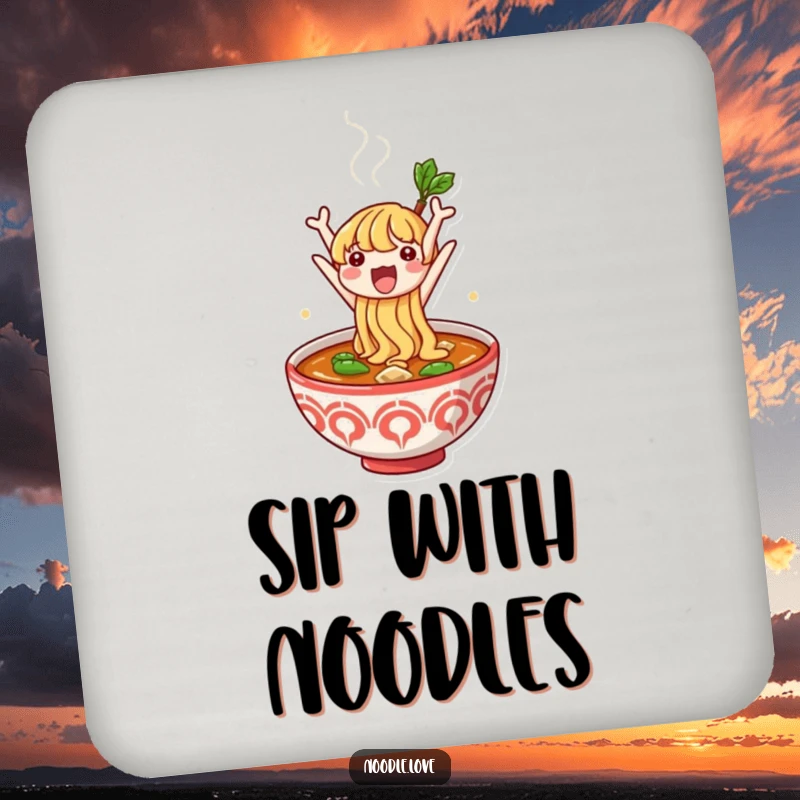 Funny coaster showing a cute noodle character jumping from a steaming bowl of broth, protecting surfaces with animated humor.