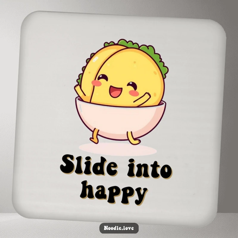 Funny Drink Coaster: a cheerful taco with legs comically sliding into a bowl, protecting surfaces with food-themed fun.