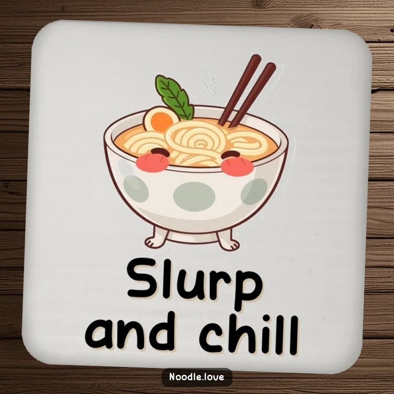 Funny blushing ramen coaster depicting a cute ramen bowl with tiny noodle legs, blushing coyly.