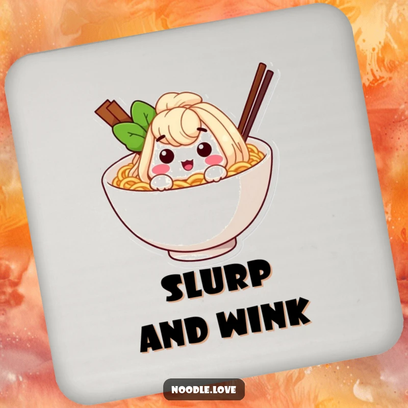 Funny ramen noodle character winking from inside a cozy bowl, a humorous set of coasters for protecting surfaces.