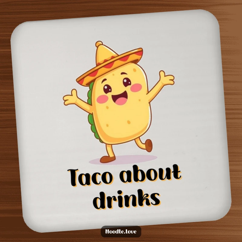 Funny taco coaster, a jubilant taco with floppy sombrero legs dancing, fiesta protection humor.
