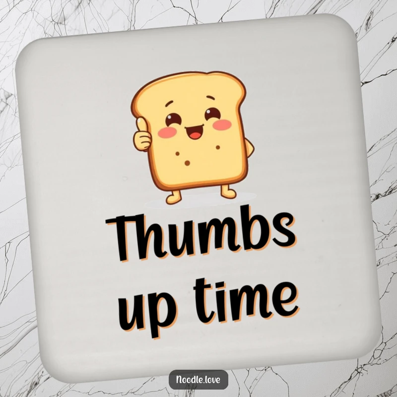 Funny thumbs-up bread coaster showing a cheerful bread loaf with small feet giving a crusty thumbs-up.
