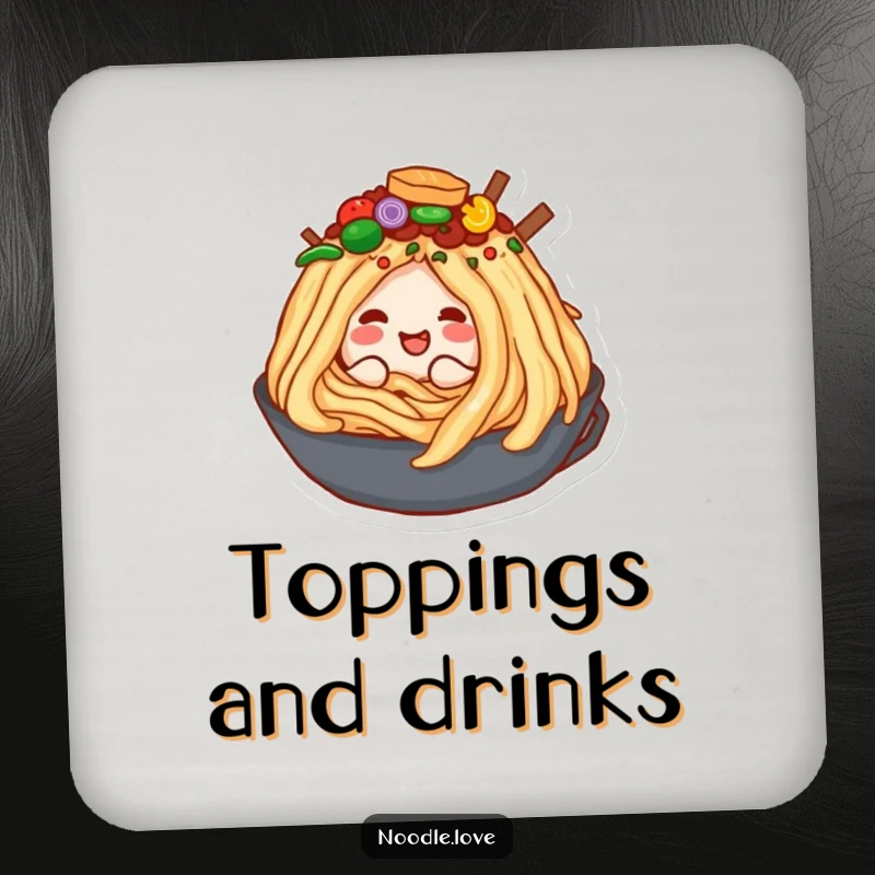 Funny drink coaster showcasing a joyful noodle character happily burrowing into a massive mound of colorful and appetizing food toppings.