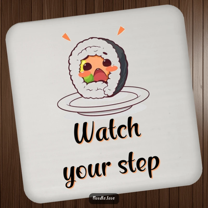 Funny sushi roll coaster showcasing a surprised character yelping while rolling off a plate, protecting tables with quirky food-themed art.