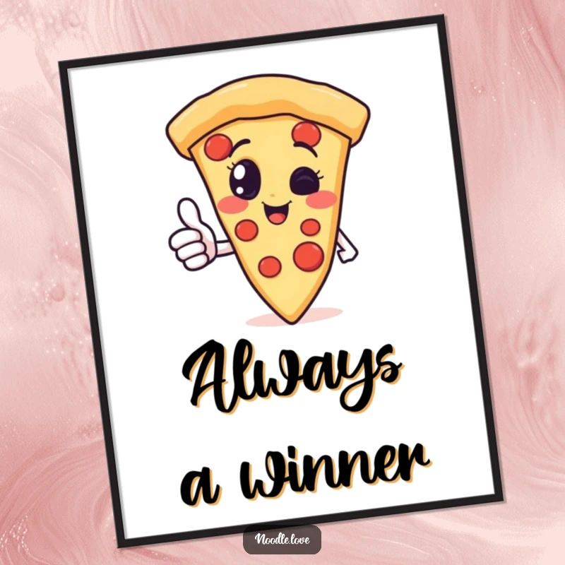 Funny pizza slice character poster giving a thumbs up, bringing a dose of cheesy happiness and positive energy to any wall.