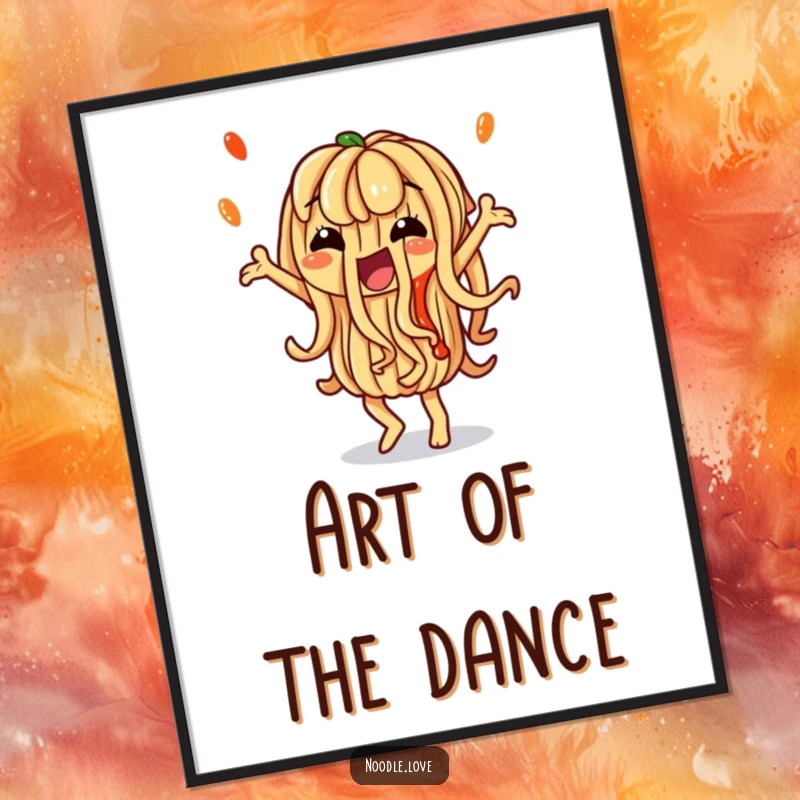 Funny Noodle Poster: A noodle character dancing with artistic sauce, ideal for humorous wall art and a unique funny gift.