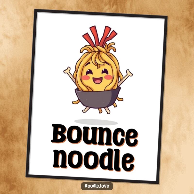 Funny Poster: A characterful fried noodle character bouncing with delight, creating a scene of pure food-fueled happiness.