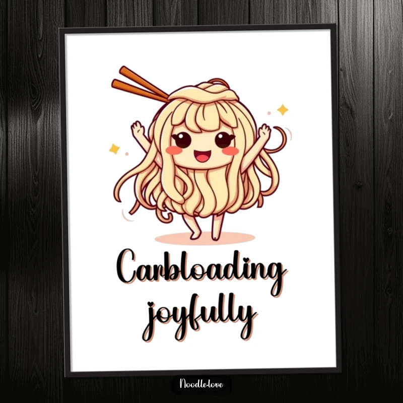 Funny Poster: a smiling noodle with eyes dancing energetically with chopsticks, bringing a vibrant, humorous vibe to any room.