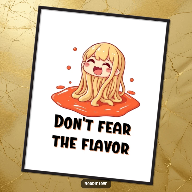 Funny poster art of a noodle character gleefully splashing in a puddle of sauce, ideal for decor.