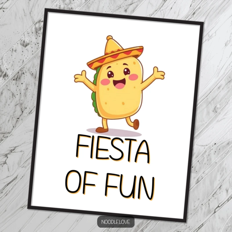 Funny taco poster, a jubilant taco with floppy sombrero legs doing a joyful dance, vibrant fiesta art.