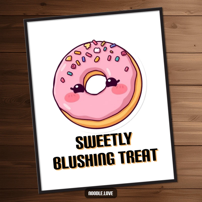 Funny Blushing Donut Poster: A cartoon donut with sprinkles blushes cheekily and winks, vibrant and funny wall art, perfect funny gift.