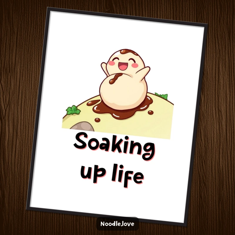 Funny dumpling poster art featuring a delighted character rolling downhill, covered in soy sauce, a humorous and appetizing visual.