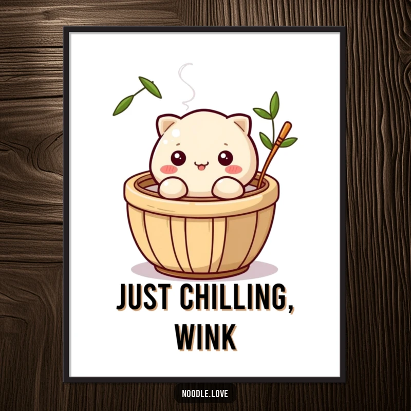 Funny poster art of a cute dumpling character giving a sly wink from inside a steaming bamboo basket, adding humor to wall decor.