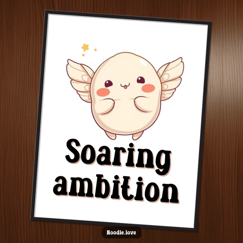 Funny flying dumpling poster depicting a whimsical character with tiny wings attempting to fly, adding a touch of fantasy to decor.