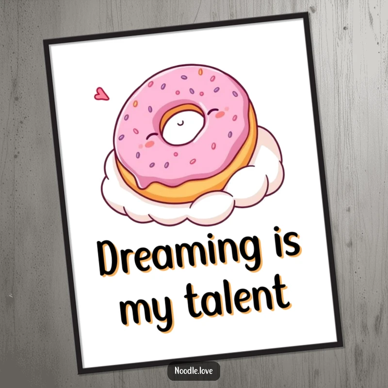 Funny Kawaii donut character in a deep sleep atop a fluffy cloud, presented as a charming and humorous art print for walls.