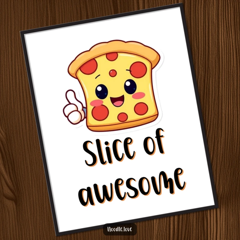 Funny Kawaii pizza slice character giving a cheerful thumbs up, presented as a humorous art print for vibrant wall decor.