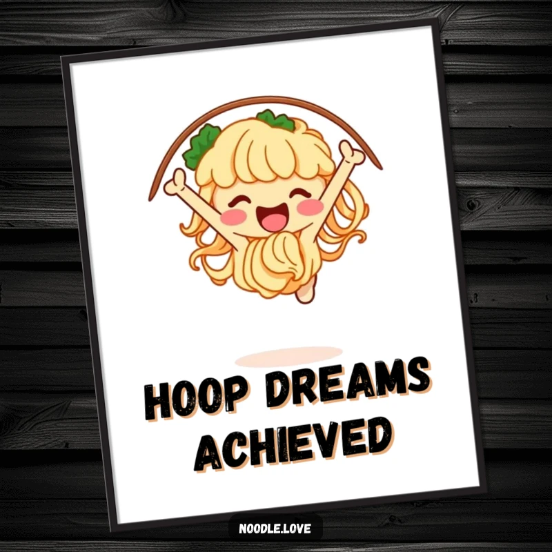 Funny noodle poster depicting a jubilant character jumping through a hoop made of chopsticks, adding a touch of food-themed excitement to walls.