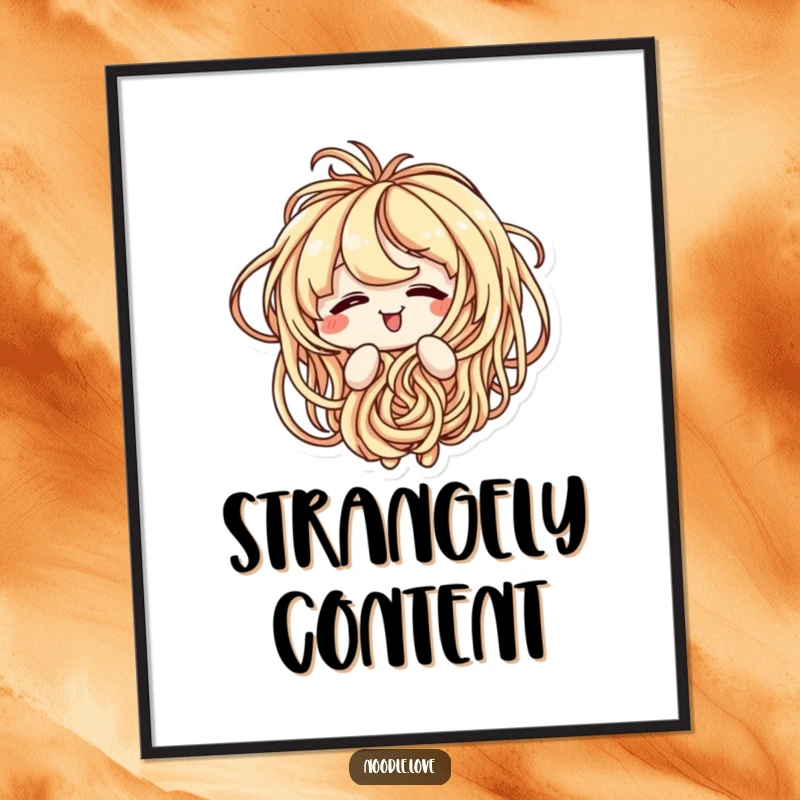 Funny poster of a noodle character looking amused while playfully tangled in its own spaghetti strands.