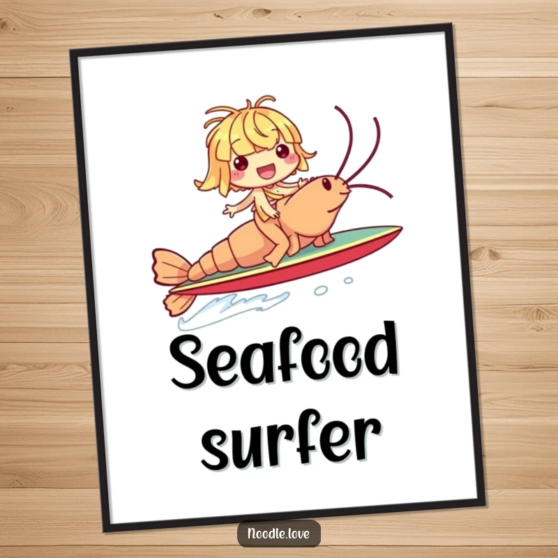 Funny poster depicting a giggling noodle character surfing a giant shrimp like a surfboard, adding a humorous and adventurous touch.