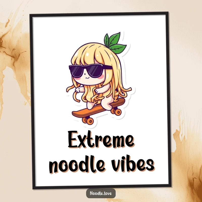 Funny poster depicting a sunglasses-clad noodle character masterfully riding a tiny skateboard, bringing a cool and humorous vibe to any room.
