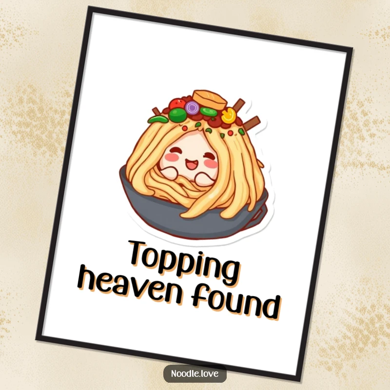 Funny poster art of a content noodle character happily burrowing into a gigantic, delightful mountain of diverse and colorful food toppings.