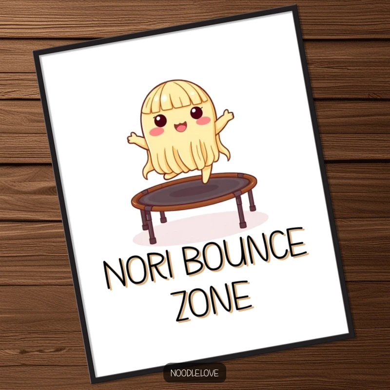 Funny poster art of a happy noodle character leaping high on a trampoline made from nori, symbolizing boundless energy and joy.