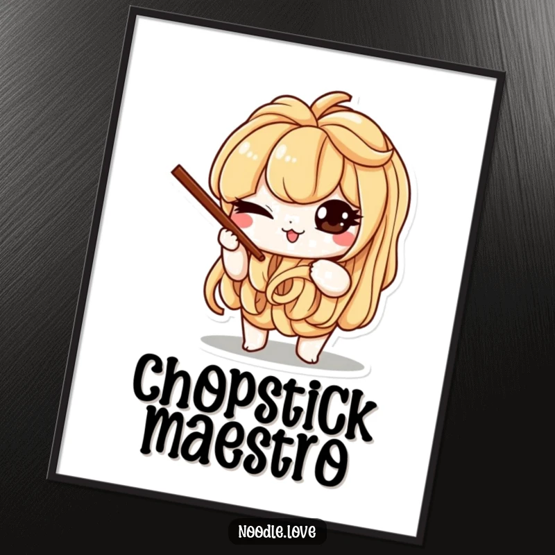 Funny poster depicting a mischievous noodle character winking while balancing tiny chopsticks, adding a playful culinary touch.