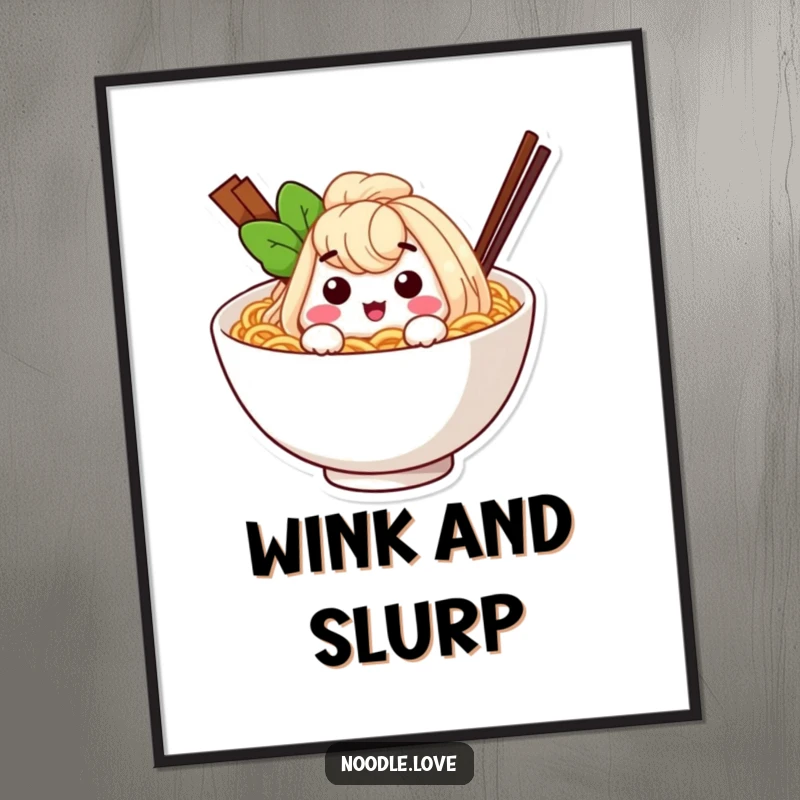 Funny ramen noodle character winking from inside a cozy bowl, a humorous and vibrant art print for food lovers.