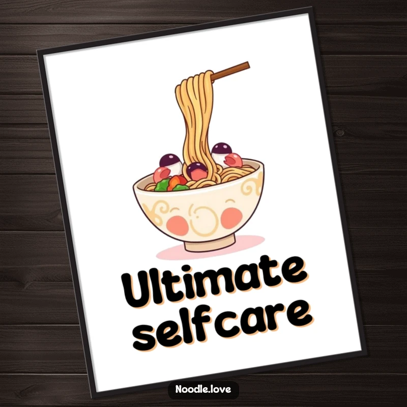 Funny Poster: a happy ramen bowl playfully slurping its own noodles, perfect for adding whimsical humor to any room.