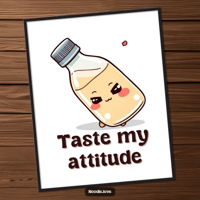 Funny Shoyu bottle poster, smirking, tipping playfully, kawaii condiment art, excellent funny gift.