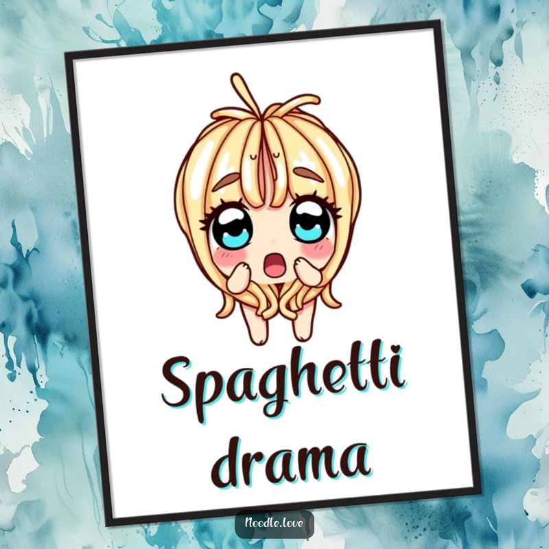 Funny poster of a surprised noodle character comically splitting in half, with wide, shocked eyes and a bewildered expression.