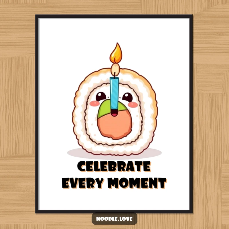 Funny Sushi Birthday Poster, depicting a sushi roll character joyfully opening to reveal a surprise birthday candle, great for party decorations.