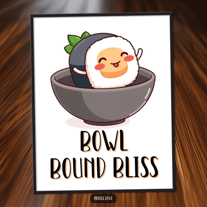 Funny sushi poster, a smiling sushi piece with tiny rolling legs happily leaping into a bowl, whimsical food art.