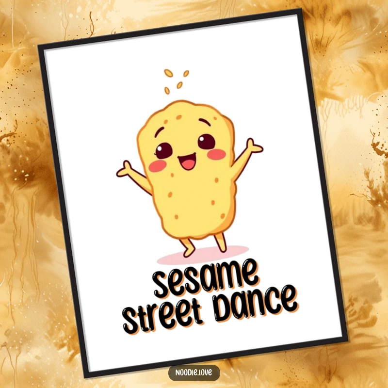 Funny poster displaying a cheerful tempura character performing a happy dance, seasoned with sesame seeds, radiating pure, unadulterated joy.