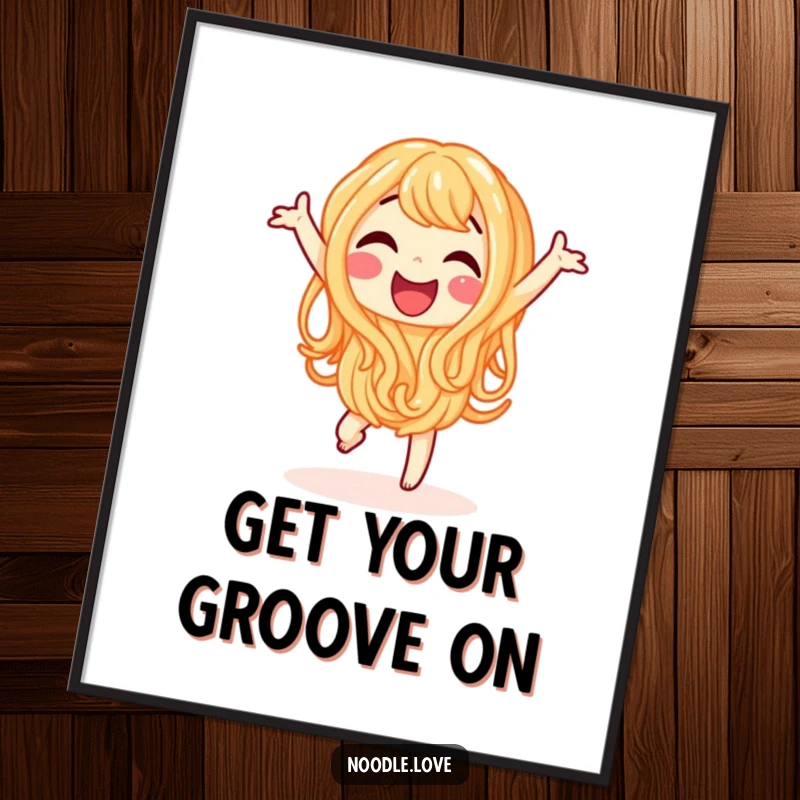 Funny poster art of a happy noodle character joyfully performing a little dance, ideal for home decor.