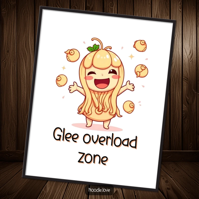 Funny poster of a giggling noodle character masterfully juggling tiny dumplings with an expression of pure, unadulterated glee and delight.