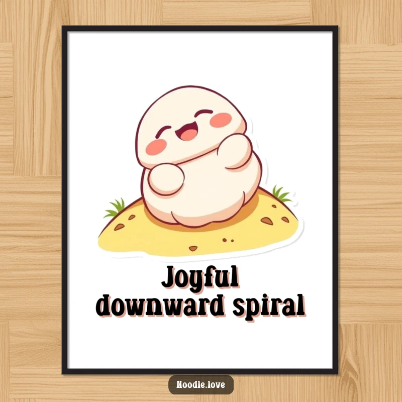Funny Kawaii dumpling character rolling down a hill with pure delight, rendered as humorous wall art.
