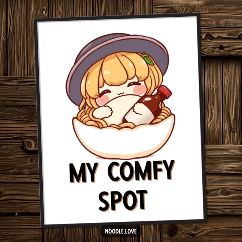 Funny noodle poster depicting a content character snuggling a tiny soy sauce bottle like a pillow, adding a touch of food-themed coziness to walls.