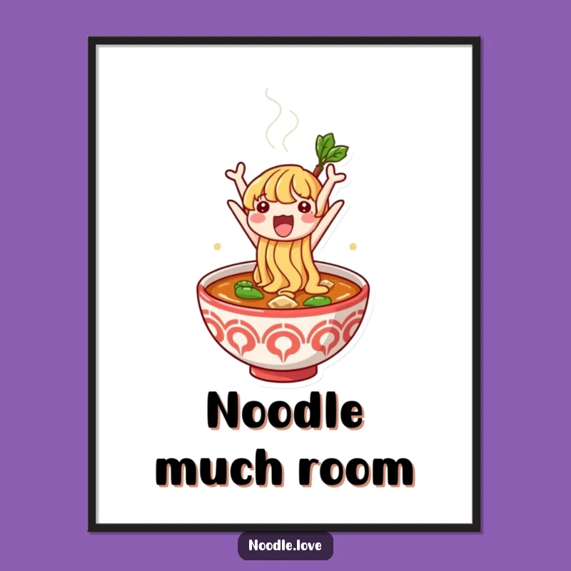 Funny Noodle Celebration Poster: Cute Character's Joyful Broth Jump - Wall Art Gift