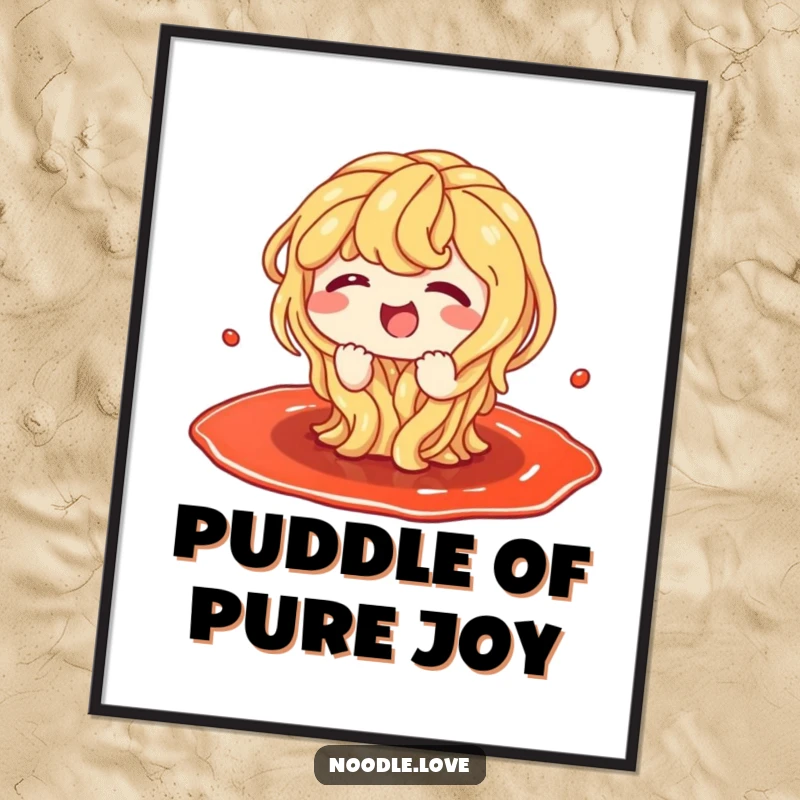 Funny poster art of a gleeful noodle character having a blast, giggling while splashing vigorously in a wide puddle of sauce.