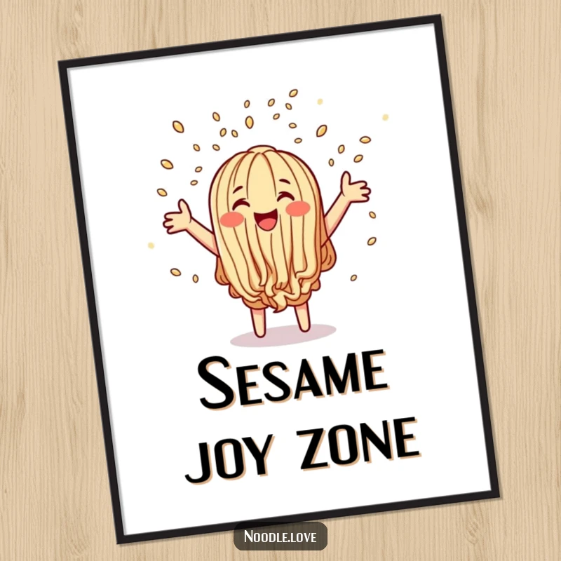 Funny poster depicting a joyous noodle character enthusiastically throwing sesame seed confetti, capturing a moment of pure, celebratory bliss.