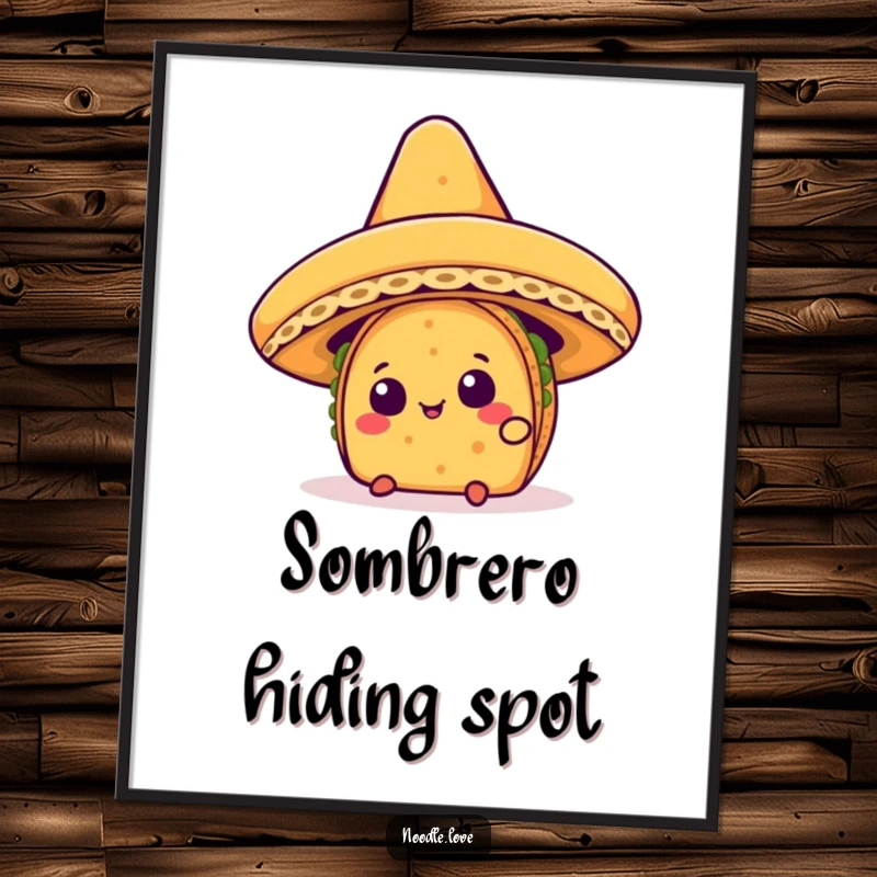 Funny Kawaii taco character curiously peeking from under a giant sombrero, rendered as humorous wall art.