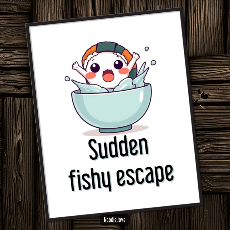Funny Kawaii sushi character captured in a surprised splashy leap from a bowl, rendered as wall art.