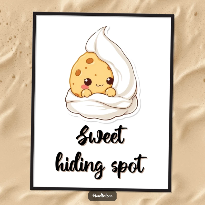 Funny Kawaii cookie character hiding behind cream, displayed as a humorous wall poster for kitchen or cafe decor.