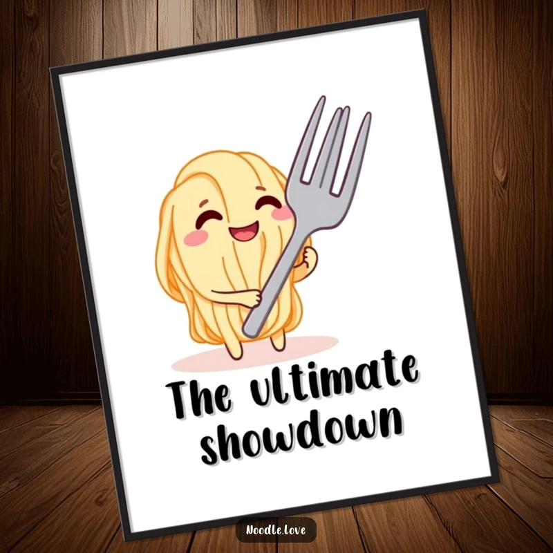 Funny Noodle Tease Poster, a comical illustration of a noodle character grinning mischievously while teasing a giant fork.