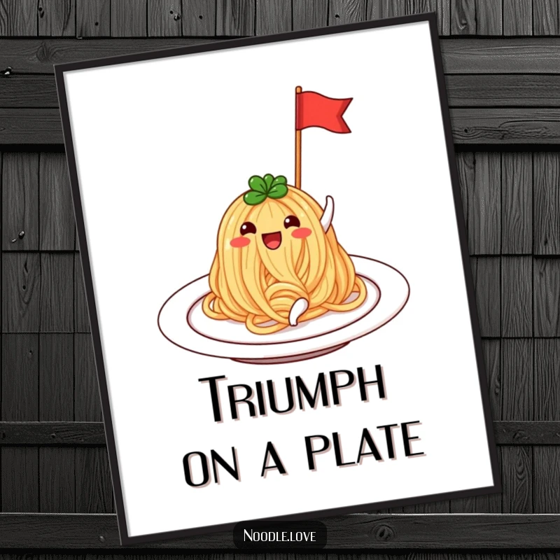 Funny Noodle Poster: A beaming noodle on a plate, waving a tiny flag with enthusiastic joy, celebrating food.
