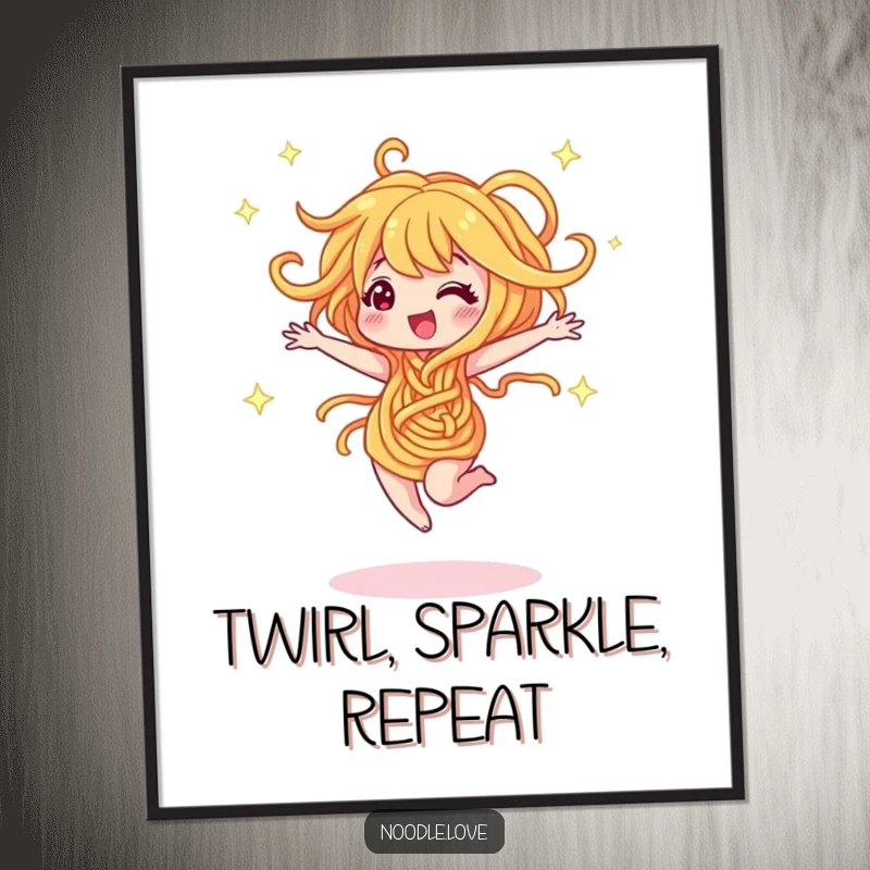 Funny poster print of a noodle character dancing and twirling joyfully, emitting sparkles. Energetic and humorous funny gift.