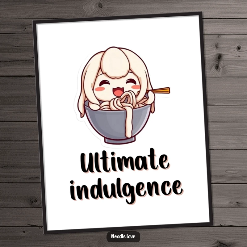 Funny poster of a happy anthropomorphic udon noodle character joyfully slurping itself, a piece of quirky wall art.